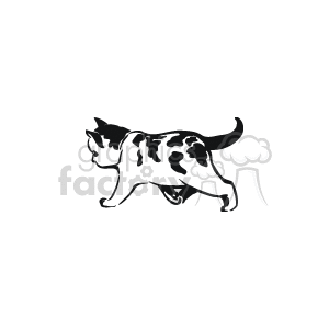 The clipart image contains a depiction of a cat. It has a simplified design with the main outlines making up the form of a cat walking, showing its profile with features like ears, tail, and legs clearly visible. The style is minimalistic, focusing on the essential lines to convey the animal's shape.