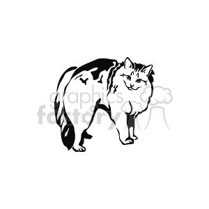 The image is a black and white clipart of a single Maine Coon cat. The cat is depicted in profile with its distinctive features such as tufted ears, a bushy tail, and a robust build that are characteristic of the Maine Coon breed.