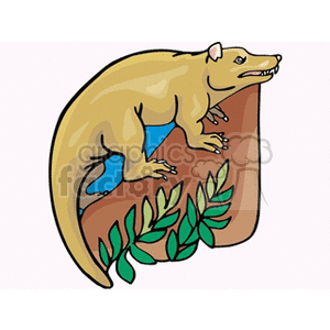 The clipart image shows a cartoon of a brown mammal, resembling a bear or a large rodent, standing on a tree branch or log among green foliage. Please note, this creature is not a dinosaur; it appears more mammalian.