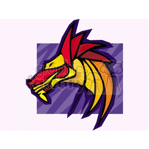 The clipart image features a stylized depiction of a dinosaur's head with a fierce expression. The dinosaur has prominent red spikes or fins on its head and neck, suggesting it could be a visual representation of a fictional or fantasy creature inspired by real dinosaurs. The design is colorful, with shades of yellow, red, and purple, and has a bold and dynamic appearance that could be suitable for logos, mascots, or graphic design elements in various media.