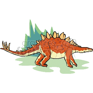 This clipart image features a stylized representation of a dinosaur with a row of prominent spikes or plates along its back and a series of smaller spikes trailing down to the tail. The dinosaur is orange with red spots and has a long neck and tail. It is depicted walking in a landscape with greenery in the background, which suggests it is a herbivorous dinosaur.