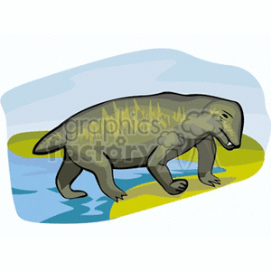 The clipart image features a stylized representation of a dinosaur near a body of water. The dinosaur is depicted on land next to the shoreline. It has a heavy-set body, four limbs, and a long tail.