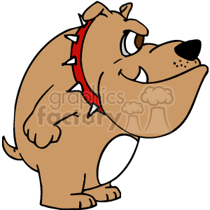 This clipart image features a cartoon of a bulldog. The dog has a stout body, a wide head with a flat nose, and is wearing a red collar with spikes. It has large eyes and a smiling or smirking mouth, adding to its friendly appearance. 