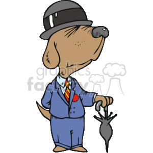 This cartoon shows a dog standing up dressed in a suite and bowler hat. It has an umbrella that is resting on the ground. 