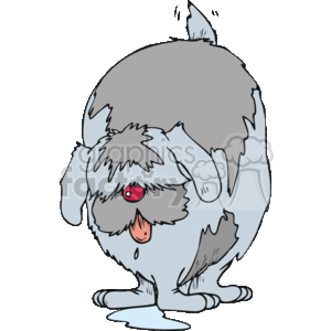 The clipart image depicts a cartoon-style illustration of a sheepdog with shaggy fur. The dog's eyes are partly obscured by its fur and it appears to be drooling, evidenced by a puddle of drool collected beneath it. The dog's tongue is hanging out slightly, adding to the messy, funny expression on its face.