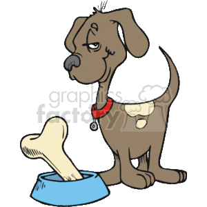 This cartoon shows a small brown dog with white spots on it, looking very happy with itself. There is a large bone in its bowl. 