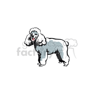 The image is a clipart of a poodle. The dog appears well-groomed, with classic poodle styling indicated by the pom-poms of fur around its ankles and the fuller fur around its chest and head. The poodle looks happy and is panting with its tongue out.