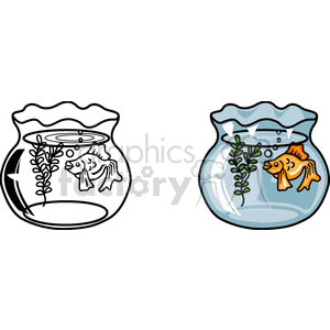 The clipart image features two round fishbowls side by side. On the left, the fishbowl is depicted in black and white line art, containing a single fish and an aquatic plant. On the right, the fishbowl is colored, showing a goldfish with an orange hue and the aquatic plant in green, along with blue water and air bubbles.