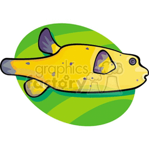 The clipart image depicts a stylized yellow fish with purple markings, likely a tropical variety, set against a green, wavy background that might represent water or seaweed.