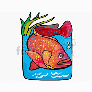 The image is a clipart illustration of a colorful, cartoon-style fish contained within a water environment that appears to be enclosed, such as a tank or a jar. There are bubbles suggesting water aeration and green sprigs like plants at the top, which add to the impression of an aquatic setting. 