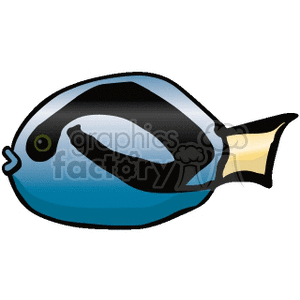 The image depicts a clipart illustration of a tropical fish. This fish has a prominent blue body with a darker blue or black stripe running from the end of its head through the tail, and a contrasting yellow tail fin. The fish has a noticeable eye and appears to be a stylized representation of something like a surgeonfish or tang, which are commonly found in tropical ocean environments.