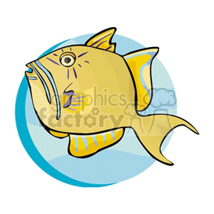 This image depicts a stylized cartoon of a yellow fish with various shades of yellow and purple accents. It has a prominent eye and a slightly open mouth. The background is hinted at a watery environment with a blue and white gradient circle.