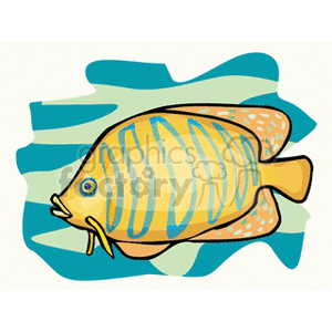 The clipart image features a stylized depiction of a tropical fish. It has blue stripes, a patterned body with dots, and extended whisker-like fins near its mouth. The fish is set against a backdrop of wavy blue lines, suggesting an aquatic environment.
