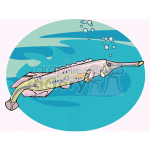 The clipart image depicts a cartoon of a specific type of fish that has a long, narrow body and an elongated snout, which is characteristic of a swordfish or a similar billfish. The fish appears to be swimming underwater, with bubbles around it suggesting movement.