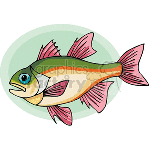 The clipart image shows a colorful cartoon fish. The fish has prominent fins and a striped pattern on its body. It appears to be swimming against a light blue oval background.