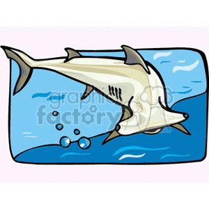 The clipart image depicts a stylized hammerhead shark swimming underwater. There are bubbles visible near the shark, indicating its movement through the water.
