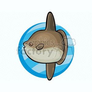 The image shows a stylized cartoon illustration of a shark with a rounded body shape and a mild expression. The background is a simple blue circle that gives the impression of the shark being in water.
