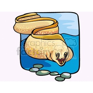 The image is a colorful clipart depicting a moray eel. The eel is shown with its mouth open, revealing sharp teeth. It's partially protruding from rocky crevices or holes, which is typical behavior for moray eels as they often hide in reefs and rocky outcrops in the ocean.