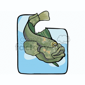 The clipart image displays a cartoon of a fish with green and brownish patterns. The fish appears to be in motion, with a curved body and a focused expression. The background suggests a water environment evident from the hint of blue color and bubble-like outlines.