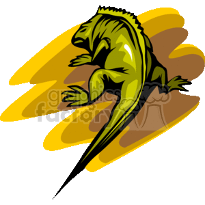 This is a clipart image of a stylized green lizard with a shadow or silhouette in the background. The lizard has a prominent eye, spikes running down its back, and a long tail. 