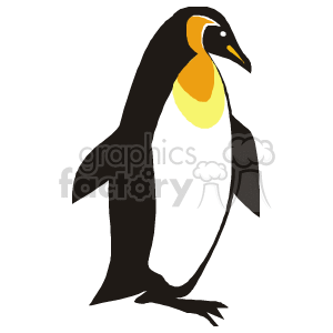 The image is of a penguin. Penguins are flightless seabirds known for their distinct tuxedo-like appearance. This clipart shows a penguin with a typical black back and white belly, featuring additional orange-yellow coloration on the neck, which is characteristic of certain penguin species such as the king penguin or emperor penguin.