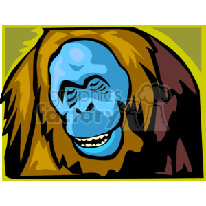 This image is a stylized illustration of an orangutan. The image features bold, exaggerated color contrasts with the orangutan's face in blue, surrounded by its distinctively large, shaggy, reddish-brown fur. The orangutan has a visible smile and is set against a green and yellow background.