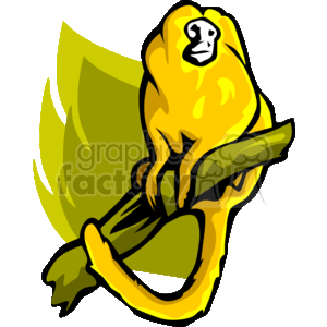 This is a clipart image of a yellow monkey. The monkey is perched on a brown branch, and there is also a green leafy backdrop suggesting a jungle or forest setting. The style is cartoonish and simplified, with bold outlines and vibrant colors.
