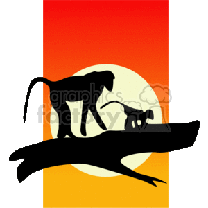 This is a clipart image featuring the silhouette of two monkeys, one larger and one smaller, possibly depicting an adult and a juvenile. They are standing on a branch, with the background suggesting a sunset or dusk setting, characterized by a large, round sun and a gradient of warm colors from yellow to orange and red, evoking the scene of a jungle at the end of the day. The colors and the imagery create a serene and tranquil mood typical of nature-inspired illustrations.