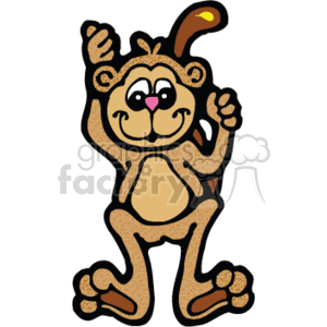 The image is a cartoon-style clipart of a brown monkey. It appears cheerful and is standing upright with one arm raised in a waving or greeting gesture. The monkey's belly and face are a lighter color, contrasting with its darker brown body and limbs. Its tail curls upwards at the end, and it has a playful expression on its face.