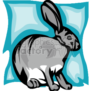 This is a stylized clipart image of a rabbit or hare. The rabbit is predominantly gray with some white areas and black outlines, giving it a cartoon-like appearance. The background consists of abstract blue shapes that don't represent anything specific, serving as a graphic element to complement the rabbit. The style of the clipart is simple and bold, making it suitable for various graphic design purposes, especially themes related to animals, Easter, or springtime.