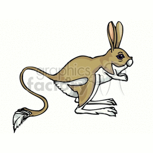 The clipart image shows a stylized representation of a jerboa, which is a small rodent from the family Dipodidae. This animal is characterized by its large ears, elongated hind legs, and long tail, which often has a tuft at the end. Jerboas are known for their hopping locomotion, which the image captures by showing the creature in a mid-leap pose.