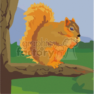 The clipart image displays an orange and brown squirrel perched on a tree branch. The squirrel appears to be holding a nut in its front paws. In the background, there is the depiction of another tree and a clear sky, suggesting an outdoor setting.