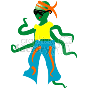 This clipart image features a stylized octopus with anthropomorphic characteristics. The octopus is wearing sunglasses, a headband, a crop top, and pants, which give the impression of a cool or trendy look that might be associated with a rapper or teenage punk style. The colors are bright, with greens, yellows, blues, and oranges, enhancing its cartoonish and playful aesthetic.