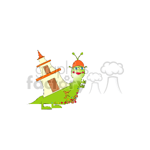 The image shows an animated clipart of a green snail. The snail is whimsically depicted with a large shell that looks similar to an Asian-style pagoda temple. Additionally, the snail is accessorized with what appears to be a pair of sunglasses and antennae decorations that resemble small, red flowers or pompoms. The snail seems to be in a joyful or playful mood, suggested by its bright colors and cheerful accessories. There is a sense of whimsy and fantasy in the image, as snails do not naturally carry temple-like shells nor wear sunglasses.