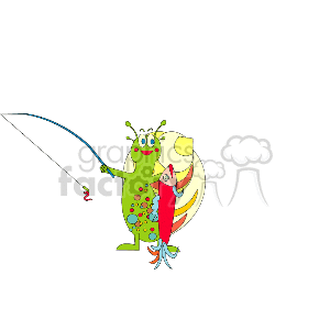 This is a whimsical clipart image featuring an anthropomorphic snail engaged in the activity of fishing. The snail is depicted with human-like characteristics, such as arms and a face, showcasing a playful and cartoonish design. It holds a fishing rod with bait at the end of the line. The snail's shell has a colorful, polka-dot pattern, and it wears high boots, which adds to the humorous nature of the picture. 