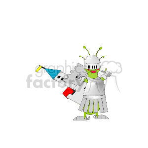 The image is a clipart of a stylized character dressed in a knight's outfit. The character has a helmet with antennae-like protrusions, possibly imitating a snail's eyestalks, and the suit of armor features green highlights that might be evocative of a snail's body color. The character seems to be cheerfully holding a flag with a water-drop symbol and a medieval-style castle tower. This suggests a whimsical, fantasy-themed depiction, perhaps representing a snail knight or a play on the concept of a snail with thematic elements of chivalry and adventure.