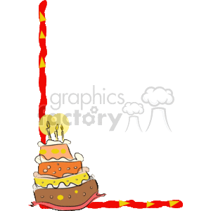 The clipart image depicts a colorful, multi-tiered birthday cake with lit candles on the top tier. The cake appears whimsical with different layers decorated in various patterns and colors. This image is designed with a playful, curved border that frames the left and bottom edges, featuring a vibrant red with yellow starbursts, adding a festive touch that corresponds with the theme of a celebration like a birthday. The image is transparent in other areas, intending for use as a decorative border or frame perhaps for birthday invitations, greeting cards, or other celebratory materials.