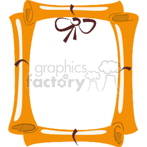 This is an illustration of a decorative frame or border, styled to look like a rolled up diploma or scroll. The main color of the scroll is a shade of orange, and it appears to be tied with ribbons in the corners. The central part of the image, where text or content would typically go, is black. The corners of the frame show rolled-up details with a ribbon tied in a bow at the top. This kind of border is often used for certificates, diplomas, or other formal documents related to education or achievements.