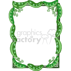 The clipart image features a decorative border or frame that is stylized to look like green pea pods. The pods are arranged around the perimeter, creating a frame for the empty space in the center, which could be used to insert text or other images. The pea pods are open, displaying individual peas, and there are small vine-like shoots and leaves as part of the design. The overall theme of the border is related to vegetables, specifically green peas, and it has a fun and organic feel to it.