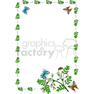 This is a clipart image of a decorative border or frame that features floral and butterfly elements. The corners and sides of the frame are adorned with green leaves, and there are colored butterflies positioned at different points along the border. The center of the image is blank, providing space where text or additional graphics can be added. The design is whimsical and naturalistic, suitable for a variety of decorative purposes.
