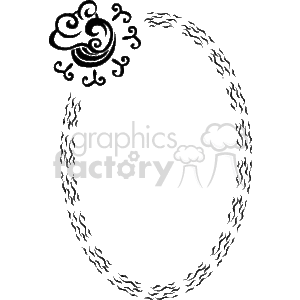 The clipart image is a decorative oval border or frame. The design consists of intricate, swirling lines with a leafy or vine-like appearance, adding a sense of elegance and ornamental flair. There's also a conspicuous embellishment at the top of the oval that seems more elaborate and is reminiscent of a fleur-de-lis or a similar stylized floral element. The entire decorative motif is designed in a silhouette style, which can be used for framing text, images or for other decorative purposes in various design projects.