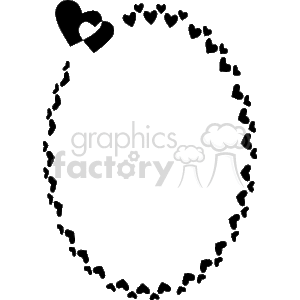 This is a clipart image of a decorative border or frame composed of heart shapes. The hearts vary in size and are linked together to form an oval-shaped border. There is a larger heart at the top with a cluster of smaller hearts, which then cascade down in a symmetrical fashion along both sides of the border. The border is designed to encircle or highlight content that can be placed within its center.