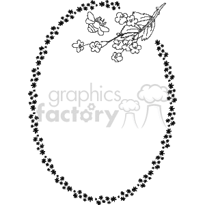 This is a black and white clipart image featuring an oval border made up of small flowers. Inside the oval, towards the top right, there's a decorative element that includes a branch with leaves and flowers, alongside a bee flying nearby. The inside of the border is blank, which allows for the addition of text or other elements, making it suitable for use as a frame in various designs.