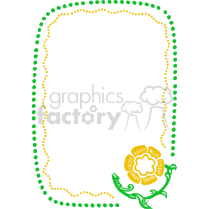 The clipart image shows a decorative border or frame with a floral motif. The border is composed of a series of small dots forming a continuous loop with scalloped edges. The bottom right corner features a stylized flower with a yellow center and petals, with a smaller flower inside it, and green leaves or stems. The overall design gives the impression of an embellishment suitable for framing text or pictures, often used in stationery, certificates, or pages.