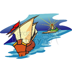 The clipart image displays a scene with water and maritime elements. There is a sailing ship with a red and brown hull and white sails, cruising on the water. In the background, there is a small island with a lighthouse, from which beams of light are radiating. The lighthouse is helping to guide the way for the ship. The scene likely represents navigation and marine travel, emphasizing the role of lighthouses in maritime safety.