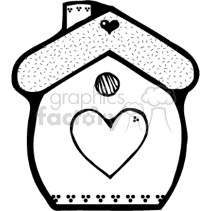 This is a black and white clipart image of a country-style birdhouse. The birdhouse has a quaint design with a heart-shaped entrance and decorative elements, including smaller heart motifs and a shingle pattern on the roof. The structure resembles a small house and is represented in a simplified, outline drawing style typical of clipart.