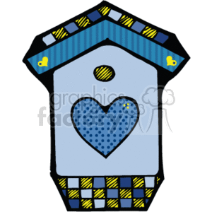 The image is a clipart of a country-style birdhouse. It features a blue birdhouse with decorative elements. The roof has a patterned design with what appears to be yellow and black accents, possibly resembling thatch or straw. There are also little yellow bird shapes on the roof's edge, which could represent decorative elements or stylized birds. The front of the birdhouse has a heart-shaped cutout, commonly seen in decorative birdhouses, which could serve as the entrance for birds. The body of the birdhouse displays a polka dot pattern within the heart shape, and there is a checkered pattern around the base. The overall color scheme is blue with yellow, black, and white accents.