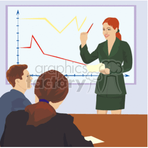 The clipart image depicts a business setting where a presentation is taking place. A woman is standing and appears to be giving a presentation. She's pointing to a large chart on the wall behind her with both lines showing an upward and a downward trend. In the foreground, there are two individuals who seem to be audience members or participants in the meeting, looking up towards the presenter and the chart. They appear to be engaged with the presentation. The chart suggests discussion about business performance, financial results, or analysis of data. The setting suggests a focus on corporate, financial, or business matters.