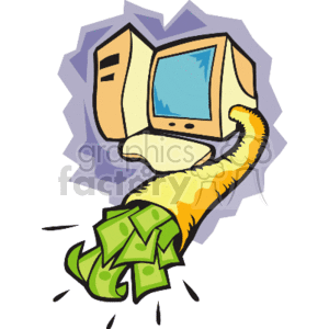 The image features a stylized illustration of an old-fashioned CRT computer monitor with a thick beige casing. A tail-like appendage sprouts from the back of the monitor and ends in a burst of green banknotes, suggesting the idea of money being generated or associated with the use of computers in business. The overall design conveys a whimsical concept of computers and technology being a source of financial gain, possibly in the context of the internet or digital business. The image is presented in a cartoonish or clipart style, suitable for a broad range of informal or educational uses.