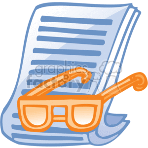 The clipart image contains a pair of eyeglasses resting on a stack of documents or papers. The eyeglasses have an orange frame and the documents are depicted as being curled at the bottom corner, suggesting they might be printed sheets of paper like those used in a business or office setting, possibly contracts, agreements, or other legal or official documents. The combination of eyeglasses and documents typically symbolizes office work, paperwork, reading, reviewing, or studying.